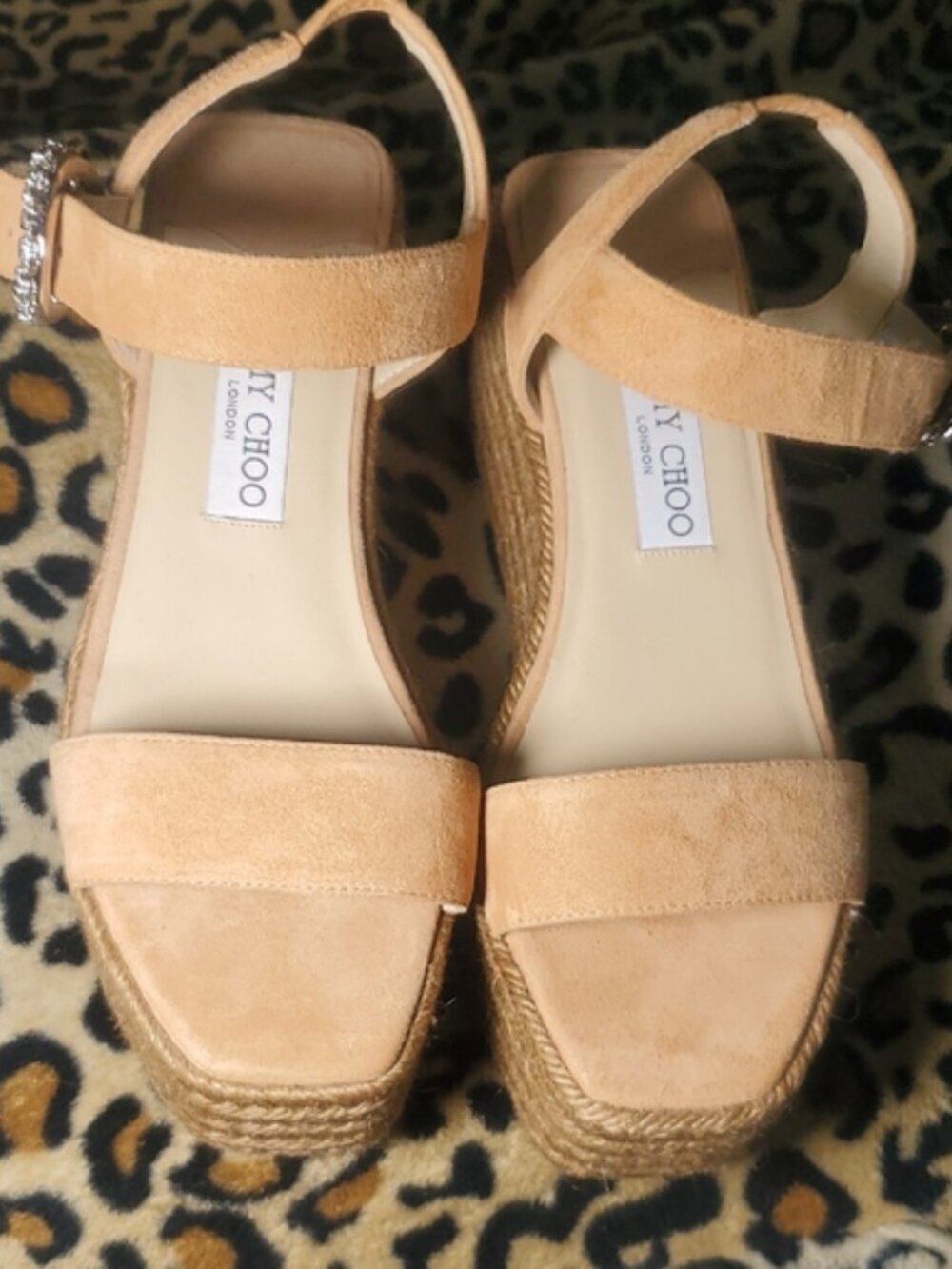 Jimmy Choo Suede Espadrille Wedge Sandals with Crystal Buckle Size 8